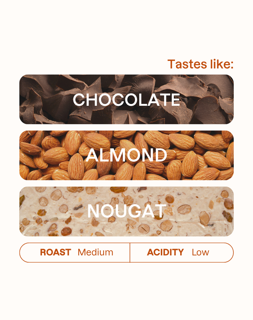 Tasting note graphic for Galeras coffee highlighting Chocolate, Almond, and Nougat flavors