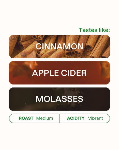 Tasting note graphic for Delmar Salas coffee featuring horizontal bars for Cinnamon, Apple Cider, and Molasses flavors