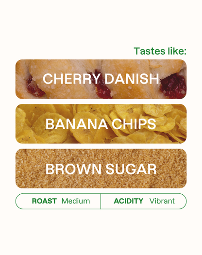 Tasting note graphic for Easy Mode coffee highlighting Cherry Danish, Banana Chips, and Brown Sugar flavors.