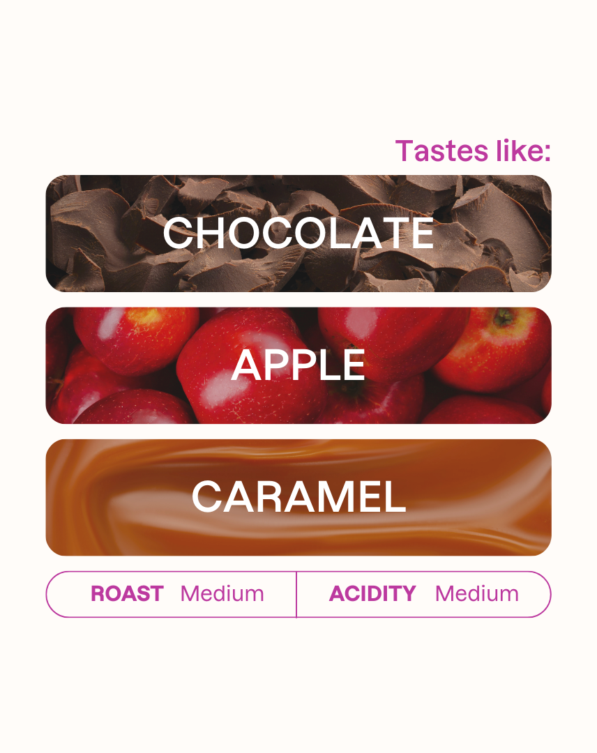 Tasting note graphic for El Huabal coffee highlighting Chocolate, Apple, and Caramel flavors