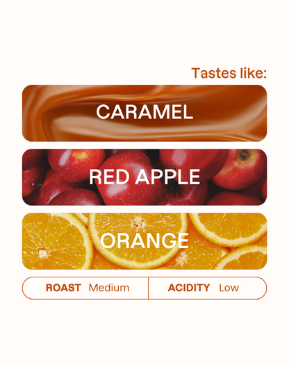 Tasting note graphic for Hacienda Barbara coffee highlighting Caramel, Orange, and Red Apple flavors.