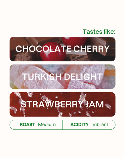 Tasting note graphic for Quebraditas filter coffee highlighting Chocolate Cherry, Turkish Delight, and Strawberry Jam flavors.