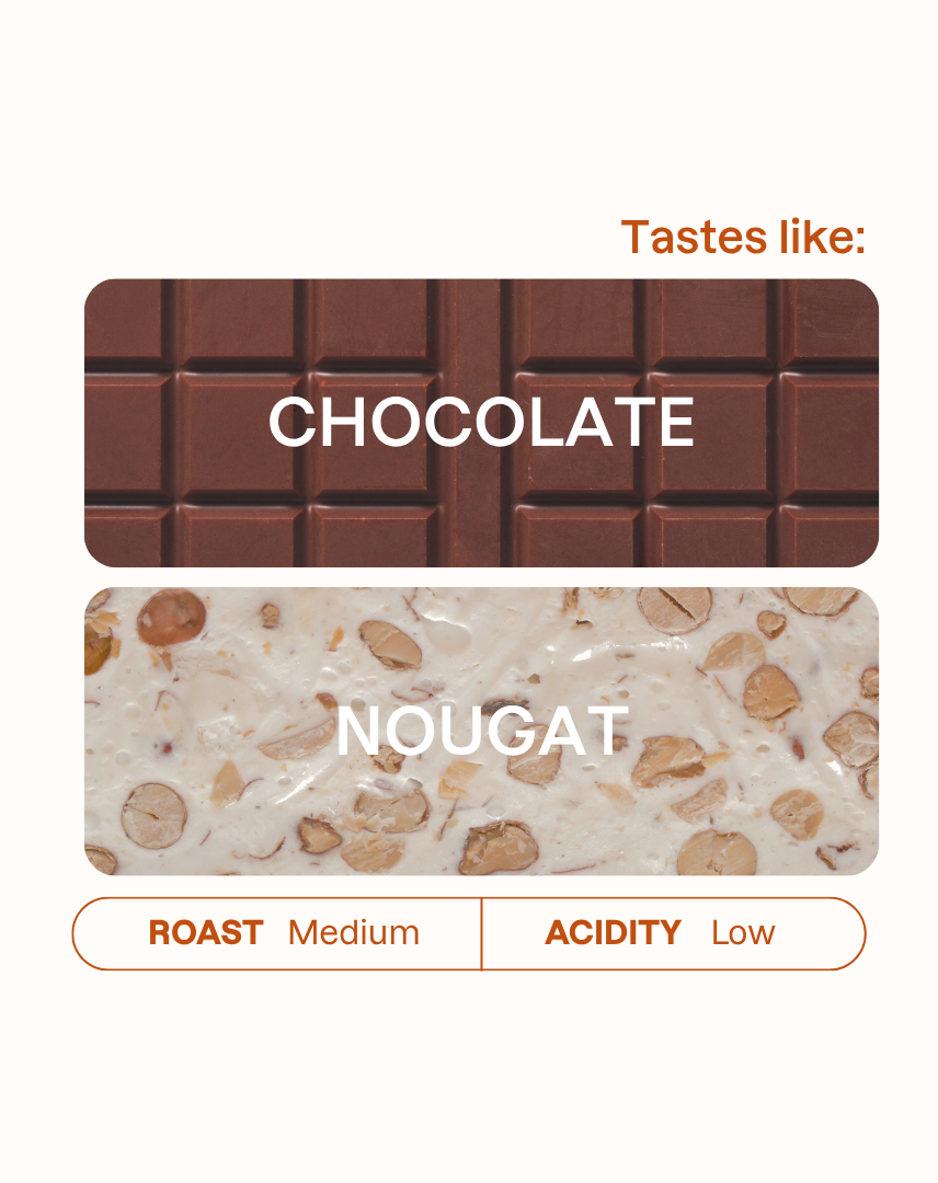 Tasting note graphic for Warmth coffee blend highlighting Chocolate and Nougat flavors.